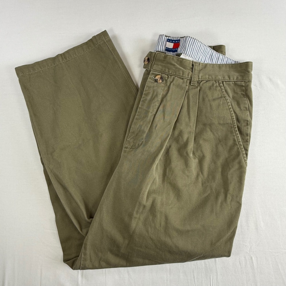 Tommy Hilfiger Vintage‎ Pleated Wide Leg Chinos Olive Green Cotton Pants Size 33